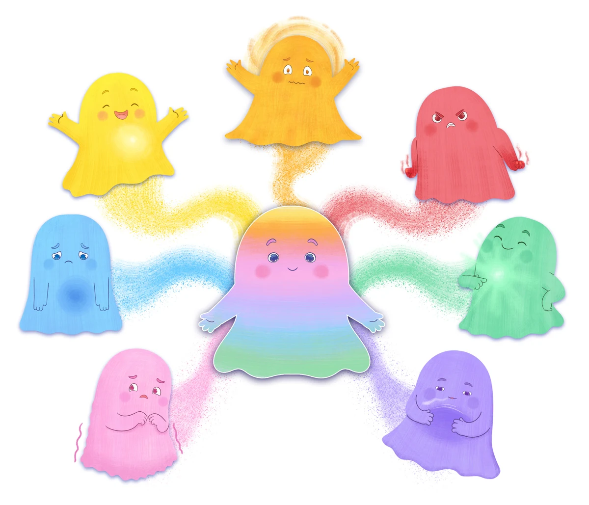 Seven colorful illustrations of Rainbow Ghost representing feelings within one character